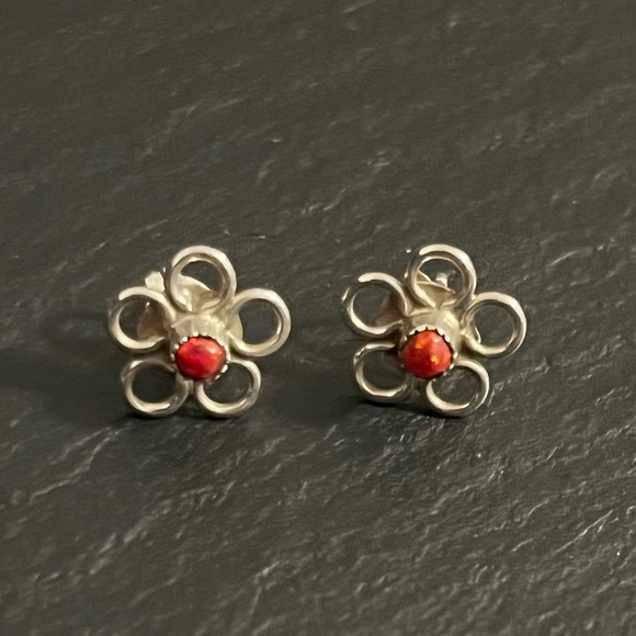 Handmade Sterling Silver Red Fire Opal Post Earrings - Picture 9 of 9